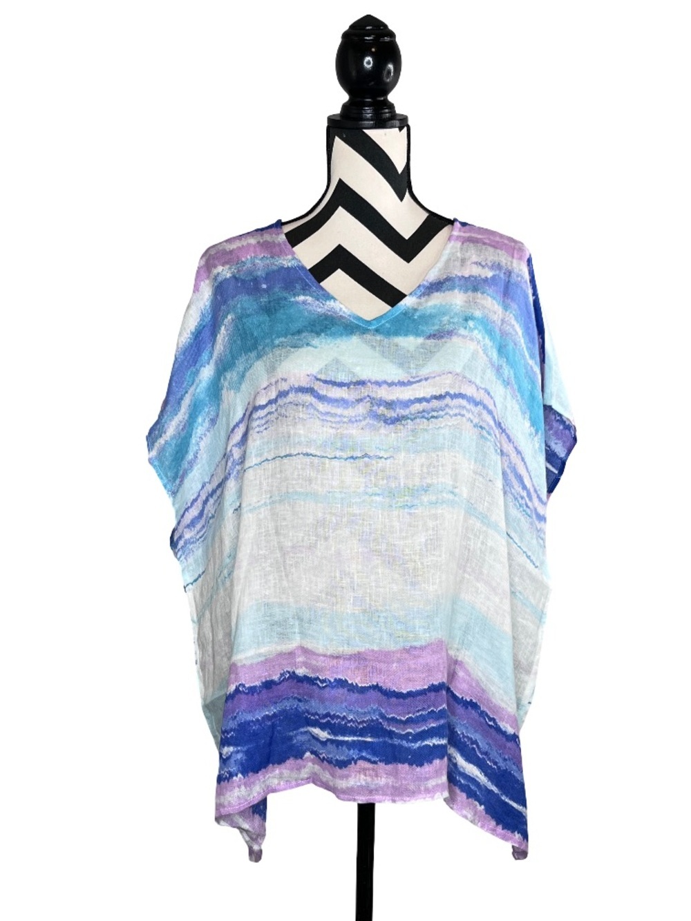 Chico's Coastal 100% Linen Artsy Lightweight Kaftan Tunic Top Sz S/M